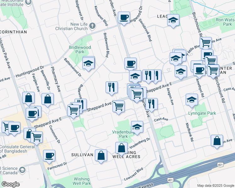 map of restaurants, bars, coffee shops, grocery stores, and more near in Toronto