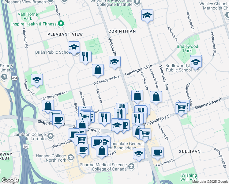 map of restaurants, bars, coffee shops, grocery stores, and more near in Toronto