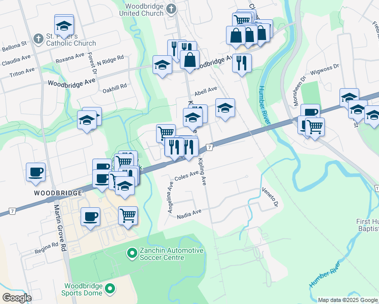 map of restaurants, bars, coffee shops, grocery stores, and more near in Vaughan