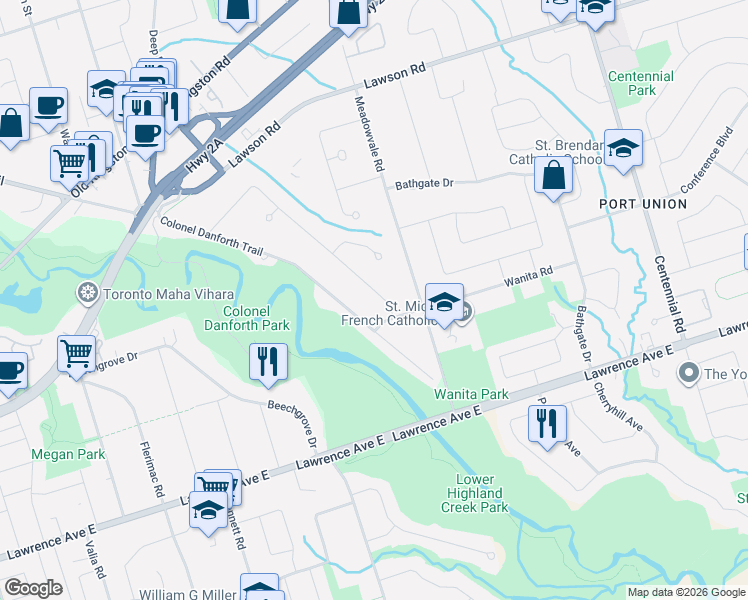 map of restaurants, bars, coffee shops, grocery stores, and more near 87 Bonacres Avenue in Toronto