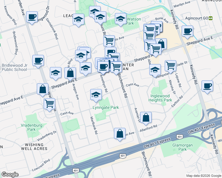 map of restaurants, bars, coffee shops, grocery stores, and more near 2 Horizon Crescent in Toronto
