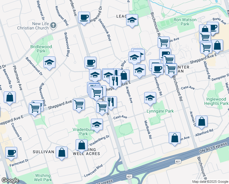 map of restaurants, bars, coffee shops, grocery stores, and more near 3421 Sheppard Avenue East in Toronto