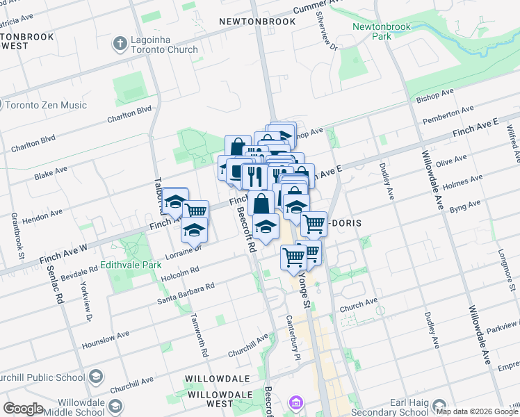 map of restaurants, bars, coffee shops, grocery stores, and more near 7 Lorraine Drive in Toronto