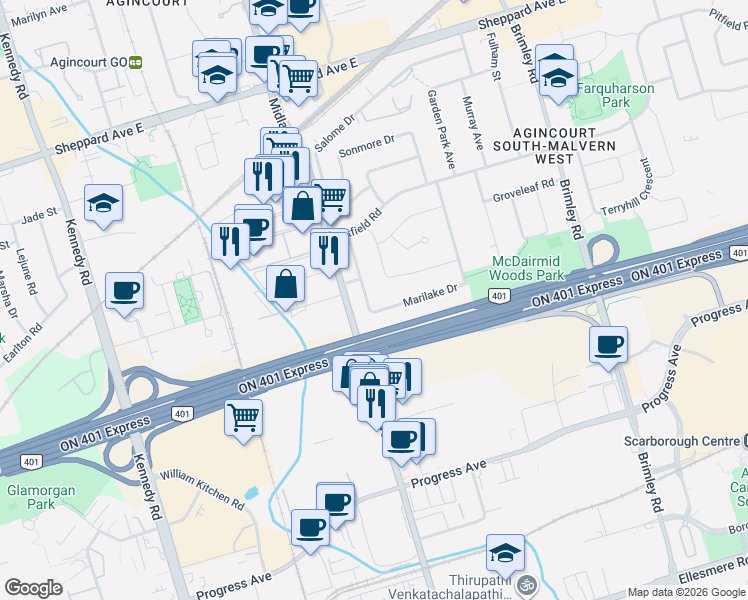 map of restaurants, bars, coffee shops, grocery stores, and more near 34 Marilake Drive in Toronto