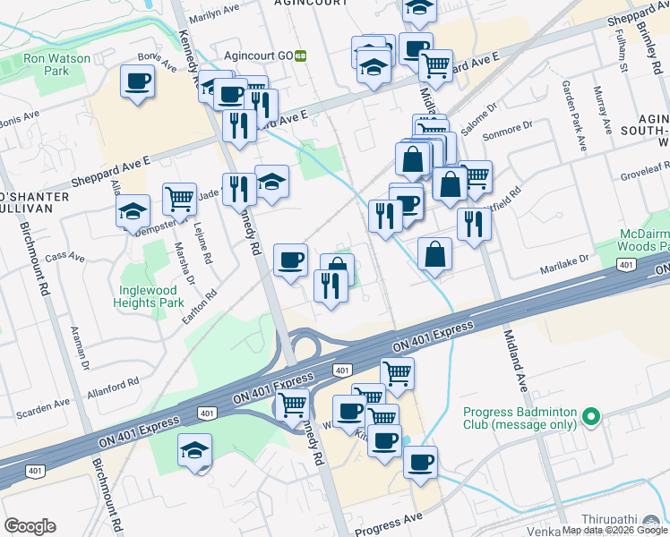 map of restaurants, bars, coffee shops, grocery stores, and more near 310 Village Green Square in Toronto