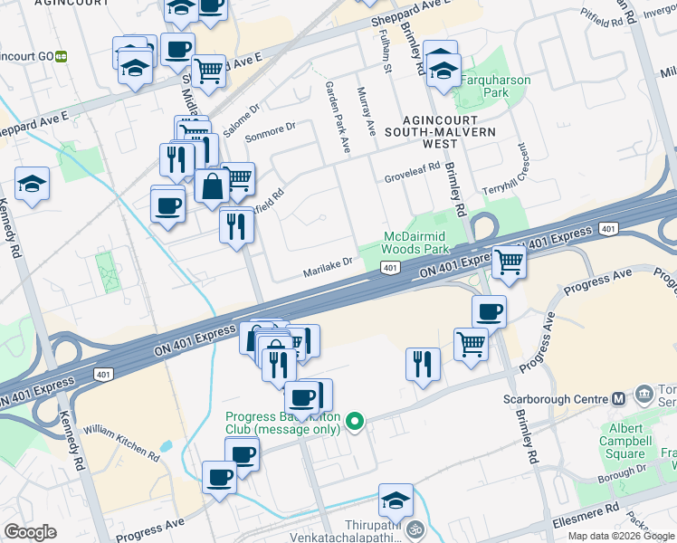map of restaurants, bars, coffee shops, grocery stores, and more near 81 Marilake Drive in Toronto