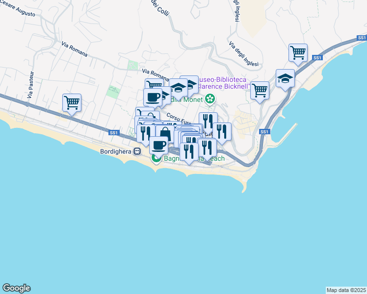 map of restaurants, bars, coffee shops, grocery stores, and more near 30 Via della Libertà in Bordighera