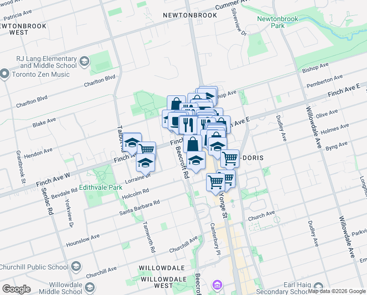 map of restaurants, bars, coffee shops, grocery stores, and more near 509 Beecroft Road in Toronto