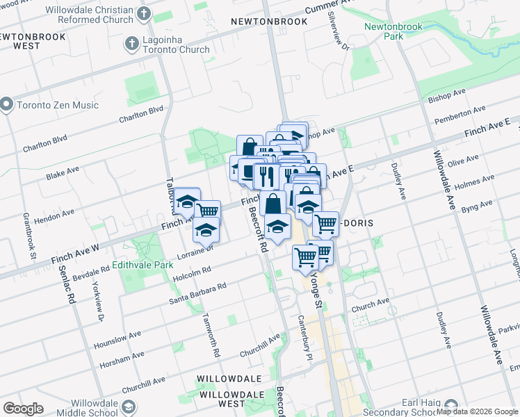 map of restaurants, bars, coffee shops, grocery stores, and more near 509 Beecroft Road in Toronto