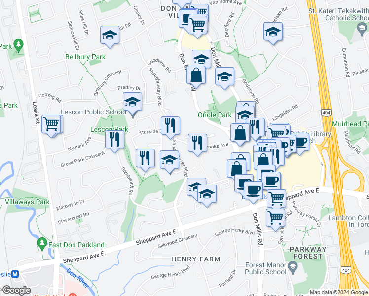 map of restaurants, bars, coffee shops, grocery stores, and more near 9 Esterbrooke Avenue in Toronto