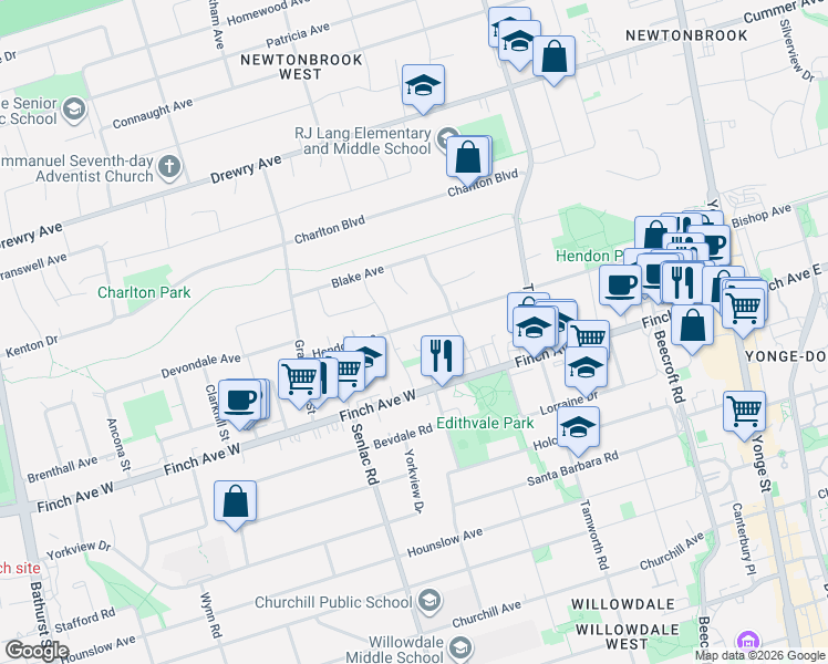 map of restaurants, bars, coffee shops, grocery stores, and more near 209 Hendon Avenue in Toronto