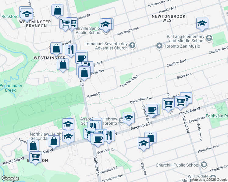 map of restaurants, bars, coffee shops, grocery stores, and more near 37 Kenton Drive in Toronto