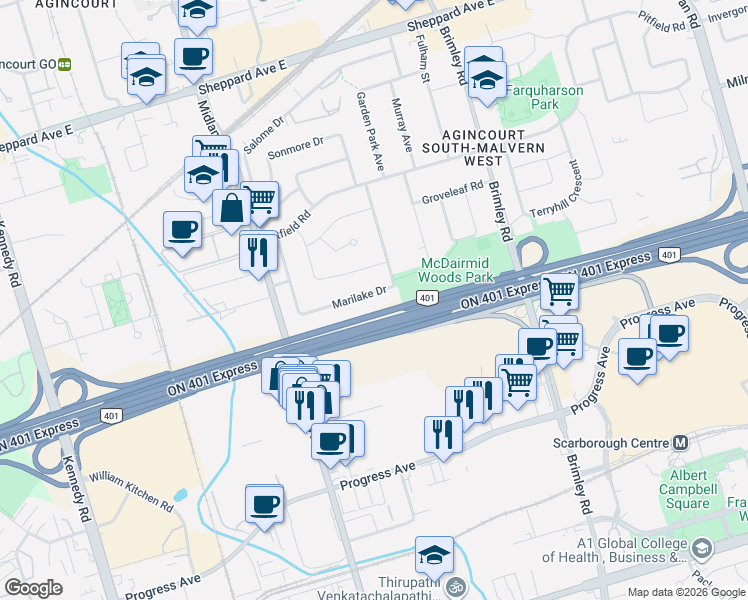 map of restaurants, bars, coffee shops, grocery stores, and more near 91 Marilake Drive in Toronto