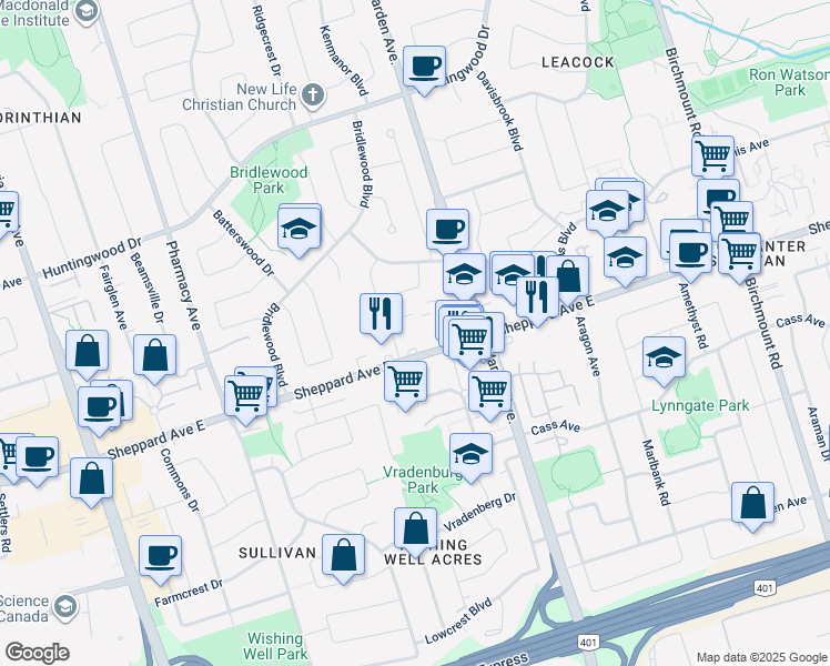 map of restaurants, bars, coffee shops, grocery stores, and more near in Toronto
