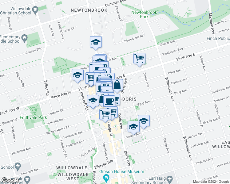 map of restaurants, bars, coffee shops, grocery stores, and more near in Toronto