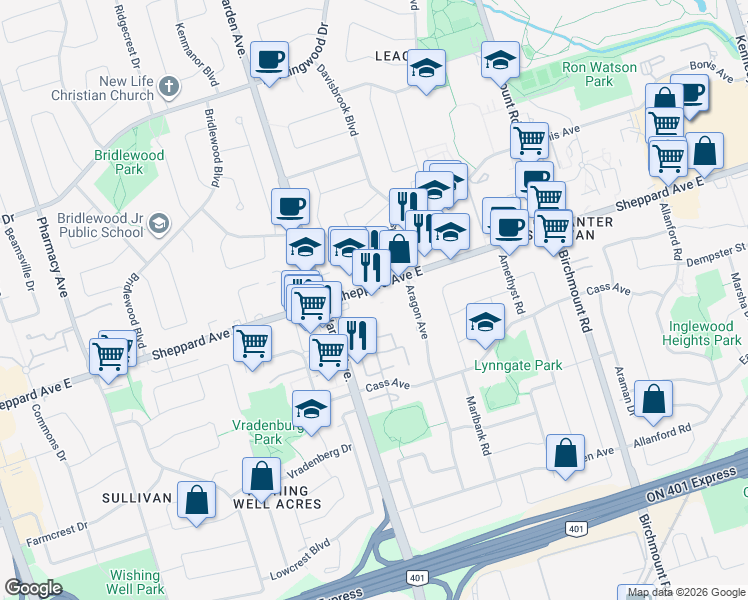 map of restaurants, bars, coffee shops, grocery stores, and more near 3429 Sheppard Avenue East in Toronto