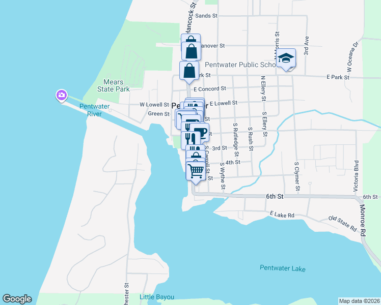 map of restaurants, bars, coffee shops, grocery stores, and more near 327 South Hancock Street in Pentwater