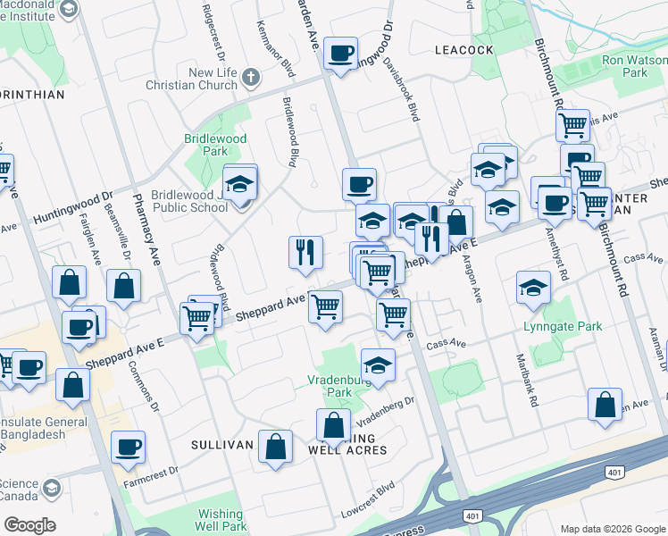map of restaurants, bars, coffee shops, grocery stores, and more near 3270 Sheppard Avenue East in Toronto
