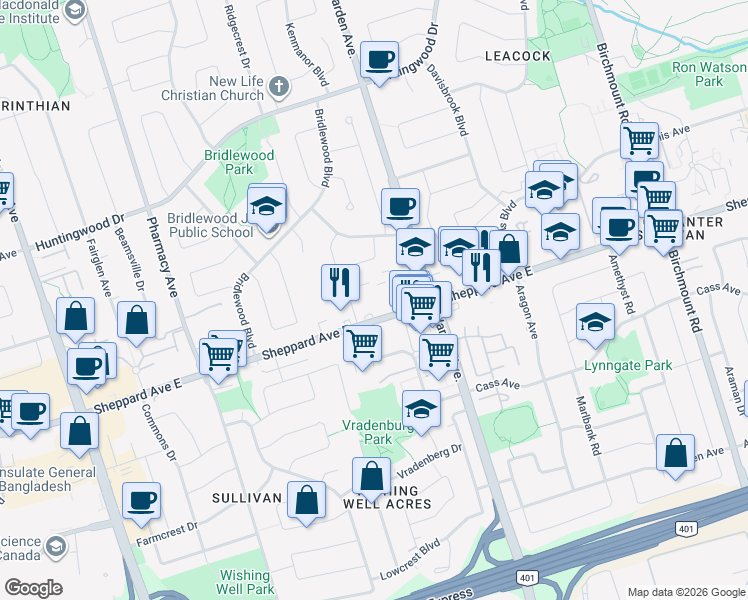 map of restaurants, bars, coffee shops, grocery stores, and more near 3270 Sheppard Avenue East in Toronto