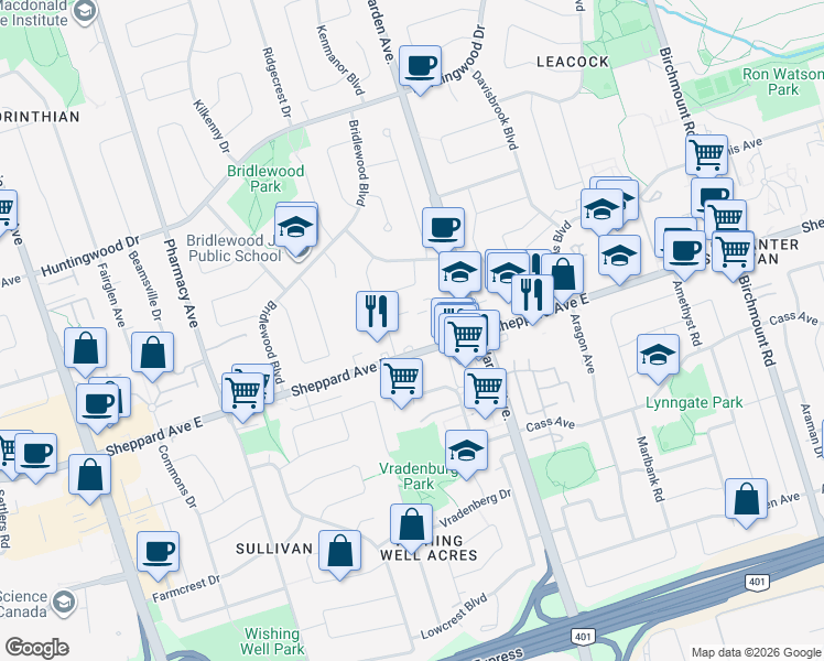 map of restaurants, bars, coffee shops, grocery stores, and more near in Toronto