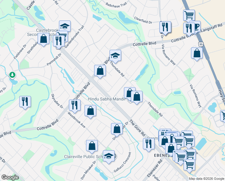 map of restaurants, bars, coffee shops, grocery stores, and more near 37 Denim Drive in Brampton