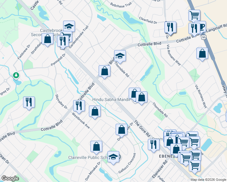 map of restaurants, bars, coffee shops, grocery stores, and more near 48 Denim Drive in Brampton