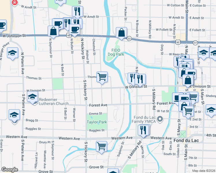 map of restaurants, bars, coffee shops, grocery stores, and more near 295 West Division Street in Fond du Lac