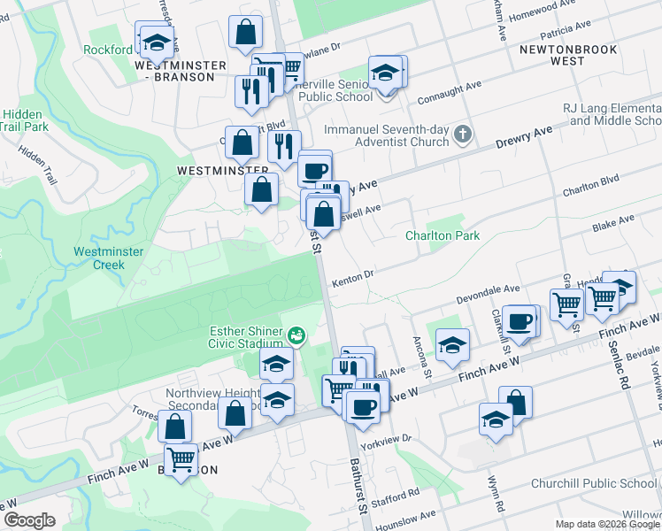 map of restaurants, bars, coffee shops, grocery stores, and more near 5877 Bathurst Street in Toronto