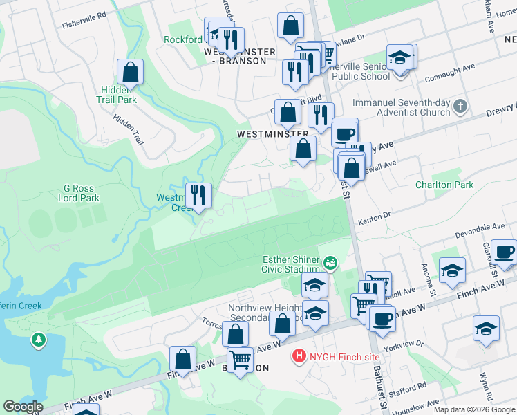 map of restaurants, bars, coffee shops, grocery stores, and more near 17 Coneflower Crescent in Toronto