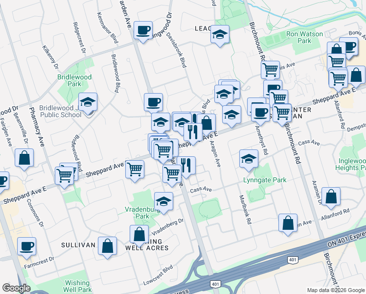 map of restaurants, bars, coffee shops, grocery stores, and more near 3421 Sheppard Avenue East in Toronto