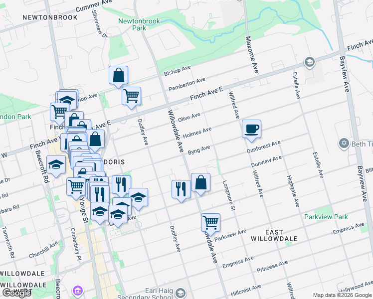 map of restaurants, bars, coffee shops, grocery stores, and more near 166 Byng Avenue in Toronto