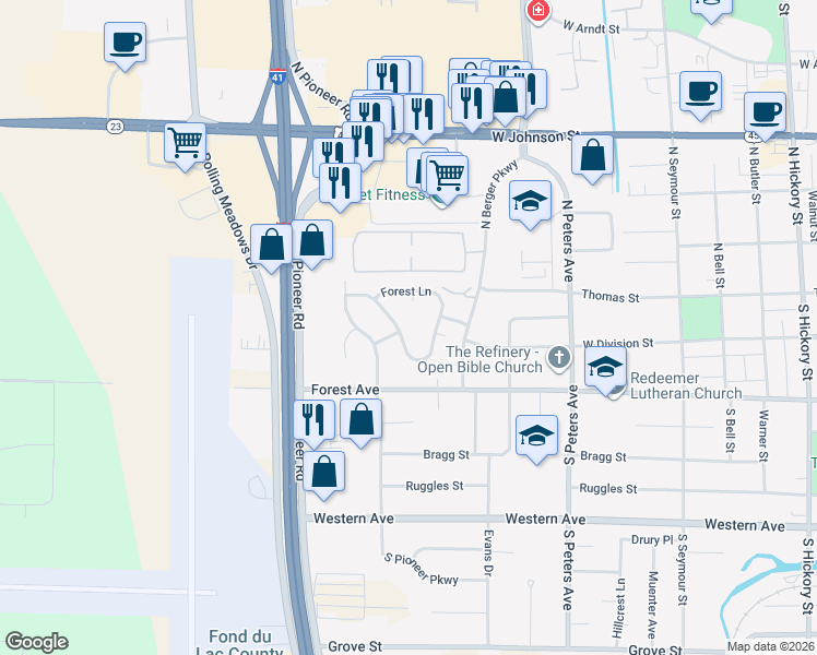 map of restaurants, bars, coffee shops, grocery stores, and more near 871 Forest Cir in Fond du Lac