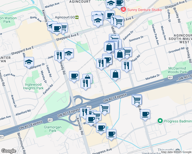map of restaurants, bars, coffee shops, grocery stores, and more near in Toronto