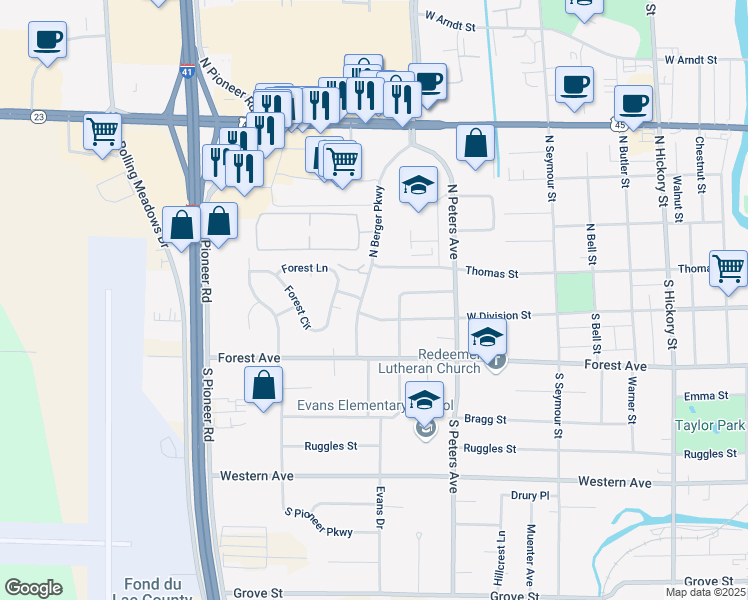 map of restaurants, bars, coffee shops, grocery stores, and more near 15 North Berger Parkway in Fond du Lac