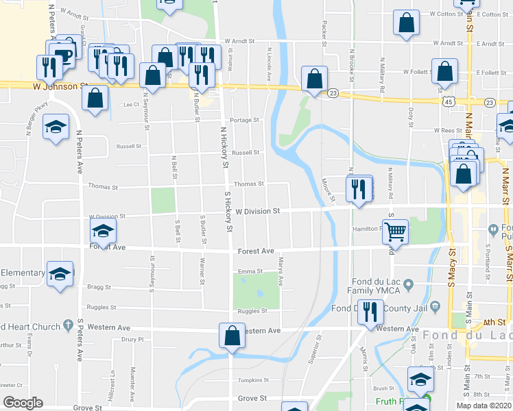 map of restaurants, bars, coffee shops, grocery stores, and more near 361 West Division Street in Fond du Lac