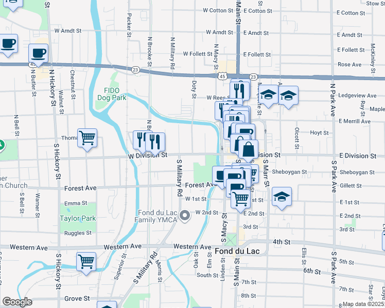 map of restaurants, bars, coffee shops, grocery stores, and more near 1 Doty Street in Fond du Lac