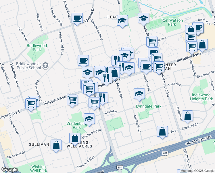 map of restaurants, bars, coffee shops, grocery stores, and more near 3431 Sheppard Avenue East in Toronto
