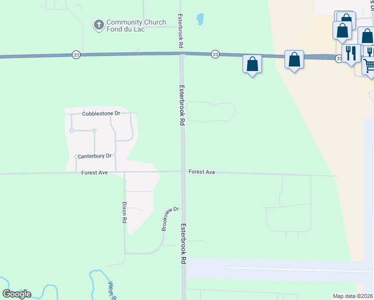 map of restaurants, bars, coffee shops, grocery stores, and more near N6533 Esterbrook Road in Fond du Lac