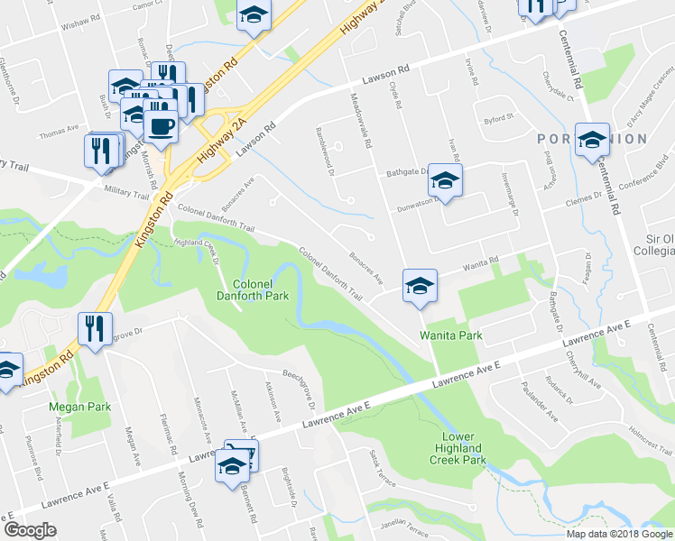 map of restaurants, bars, coffee shops, grocery stores, and more near 92 Colonel Danforth Trail in Toronto