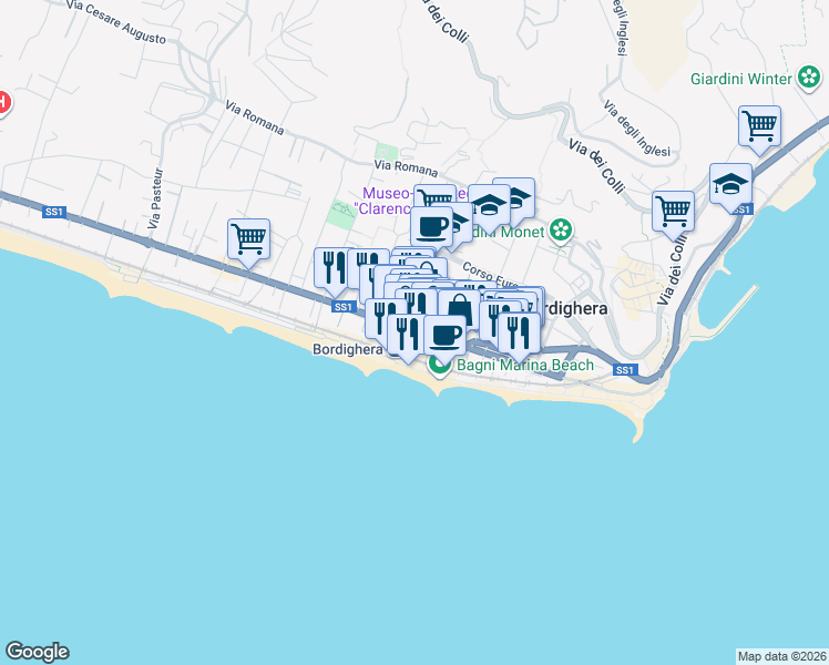 map of restaurants, bars, coffee shops, grocery stores, and more near 7 Via Generale Biamonti in Bordighera