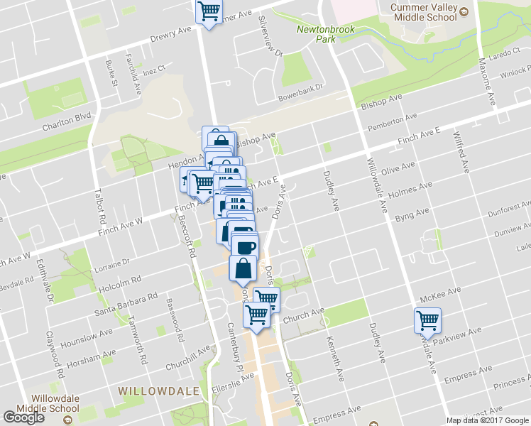 map of restaurants, bars, coffee shops, grocery stores, and more near 31 Olive Avenue in Toronto