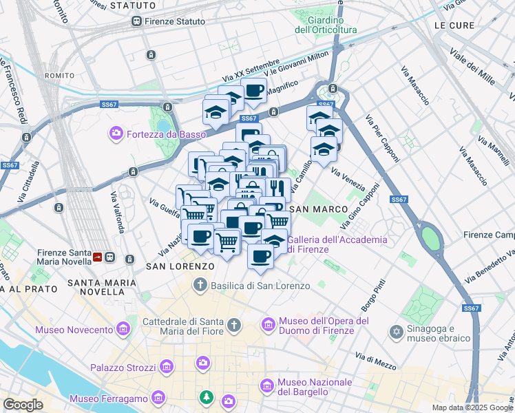 map of restaurants, bars, coffee shops, grocery stores, and more near 33 Via San Gallo in Florence