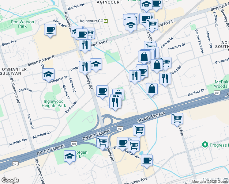map of restaurants, bars, coffee shops, grocery stores, and more near 40 Village Green Square in Toronto