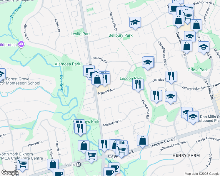 map of restaurants, bars, coffee shops, grocery stores, and more near 26 Nymark Avenue in Toronto