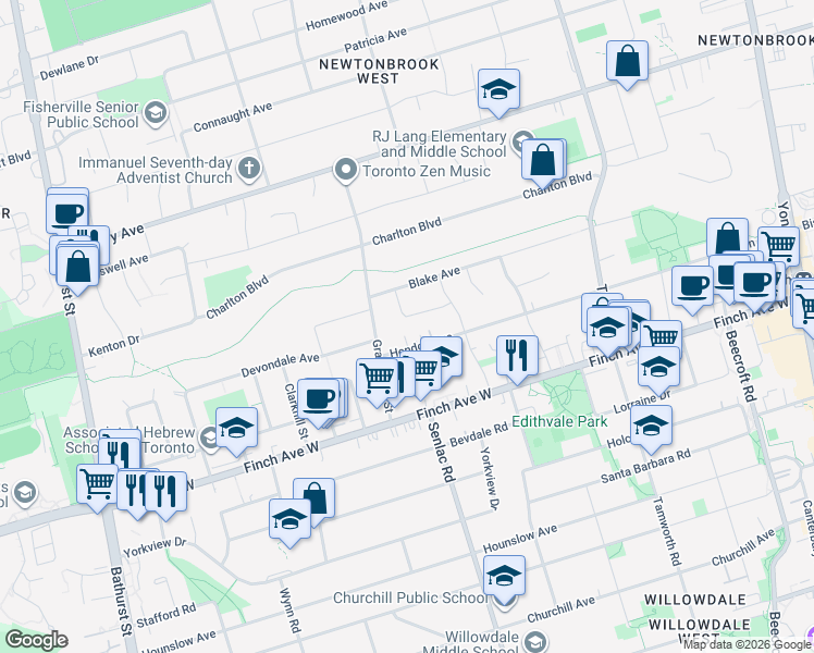 map of restaurants, bars, coffee shops, grocery stores, and more near in Toronto