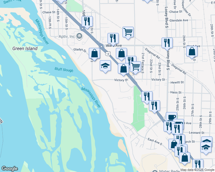 map of restaurants, bars, coffee shops, grocery stores, and more near 3141 East Avenue South in La Crosse