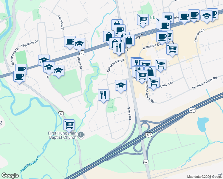 map of restaurants, bars, coffee shops, grocery stores, and more near 157 Tall Grass Trail in Vaughan