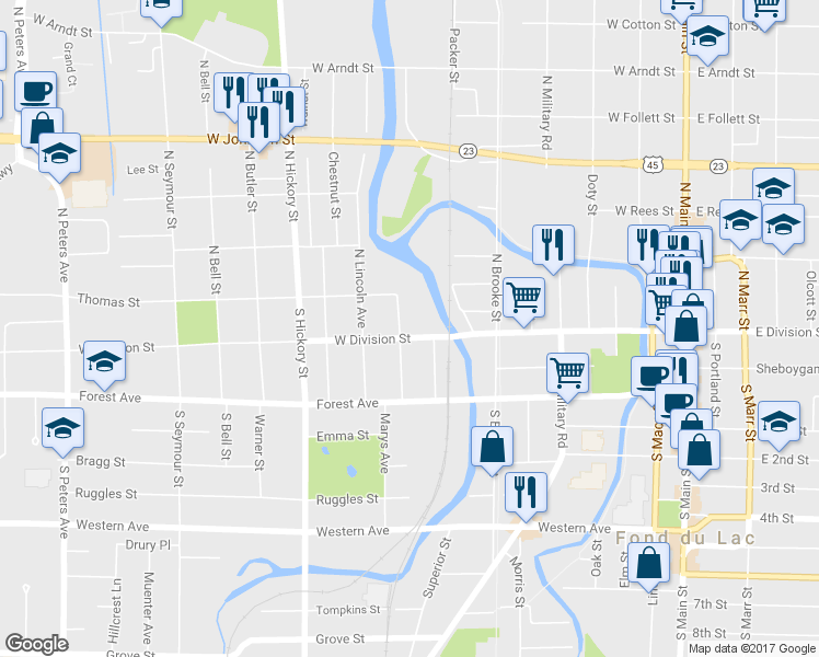 map of restaurants, bars, coffee shops, grocery stores, and more near 295 W Division St in Fond du Lac