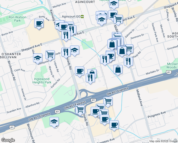 map of restaurants, bars, coffee shops, grocery stores, and more near 193 Village Green Square in Toronto