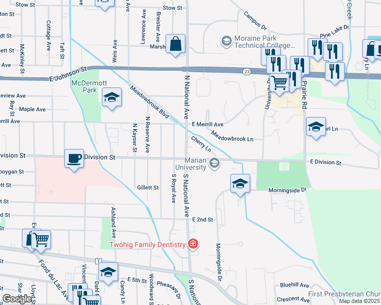 map of restaurants, bars, coffee shops, grocery stores, and more near 15 North National Avenue in Fond du Lac